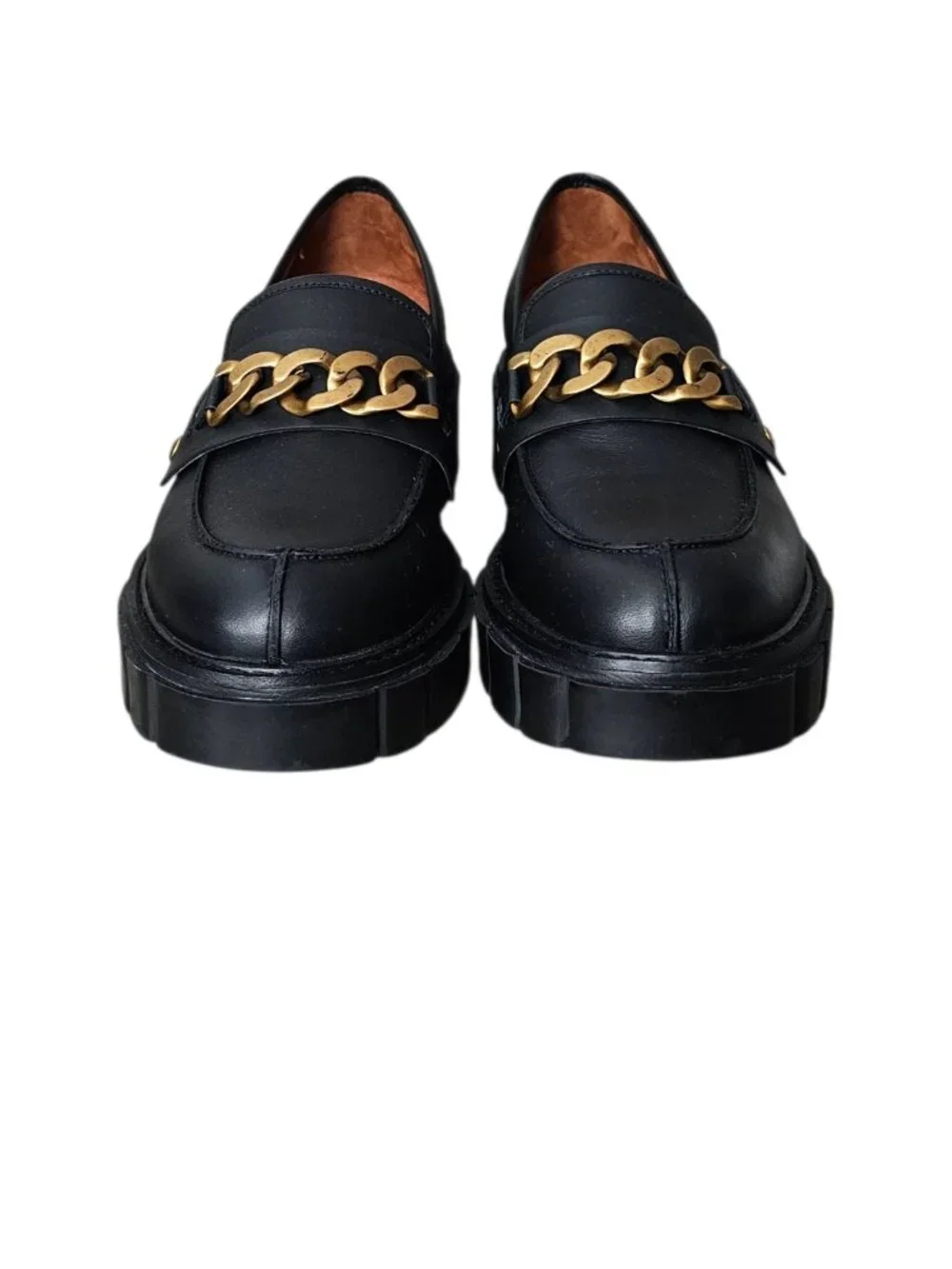 Vionic Elodie Leather Lug Sole Chain Loafer Slip On Platform Shoes New Black 10
